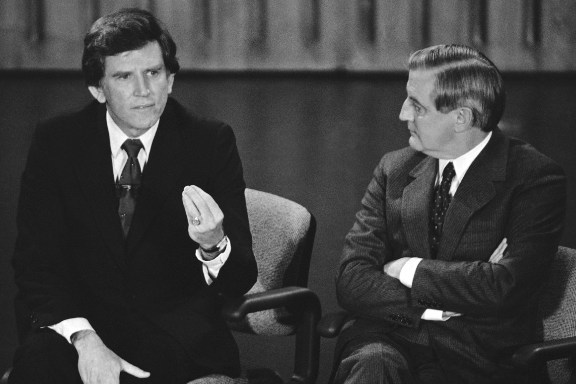 Gary Hart and Walter Mondale debate in 1984
