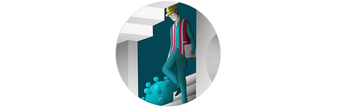 illustration snippets from a labyrinth being navigated by workers, surrounded by the virus
