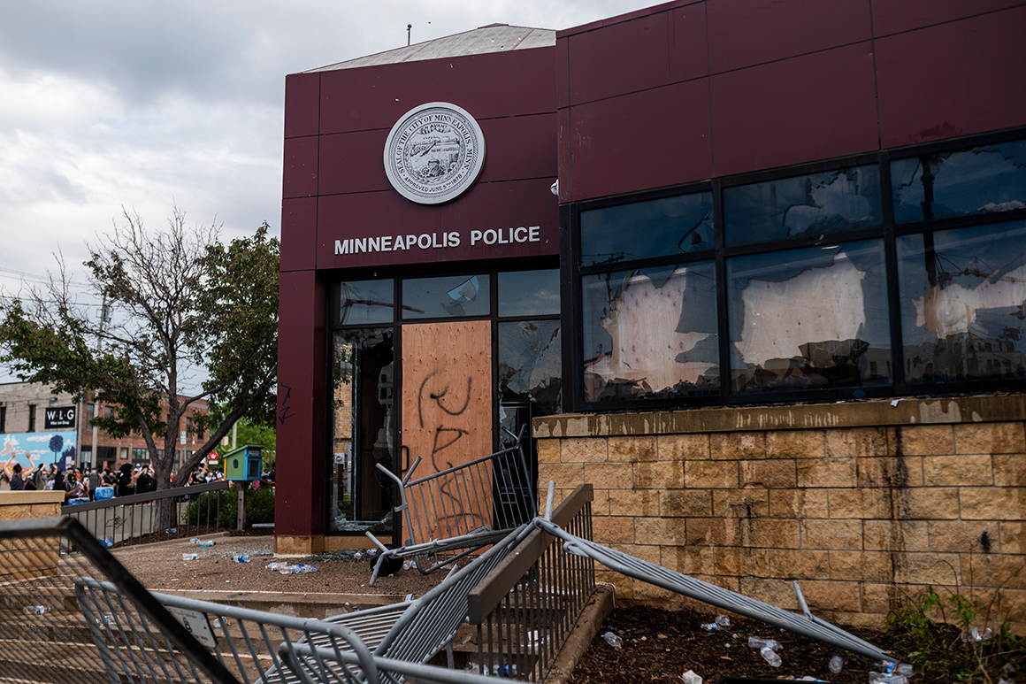 Damage outside the police building in Minneapolis
