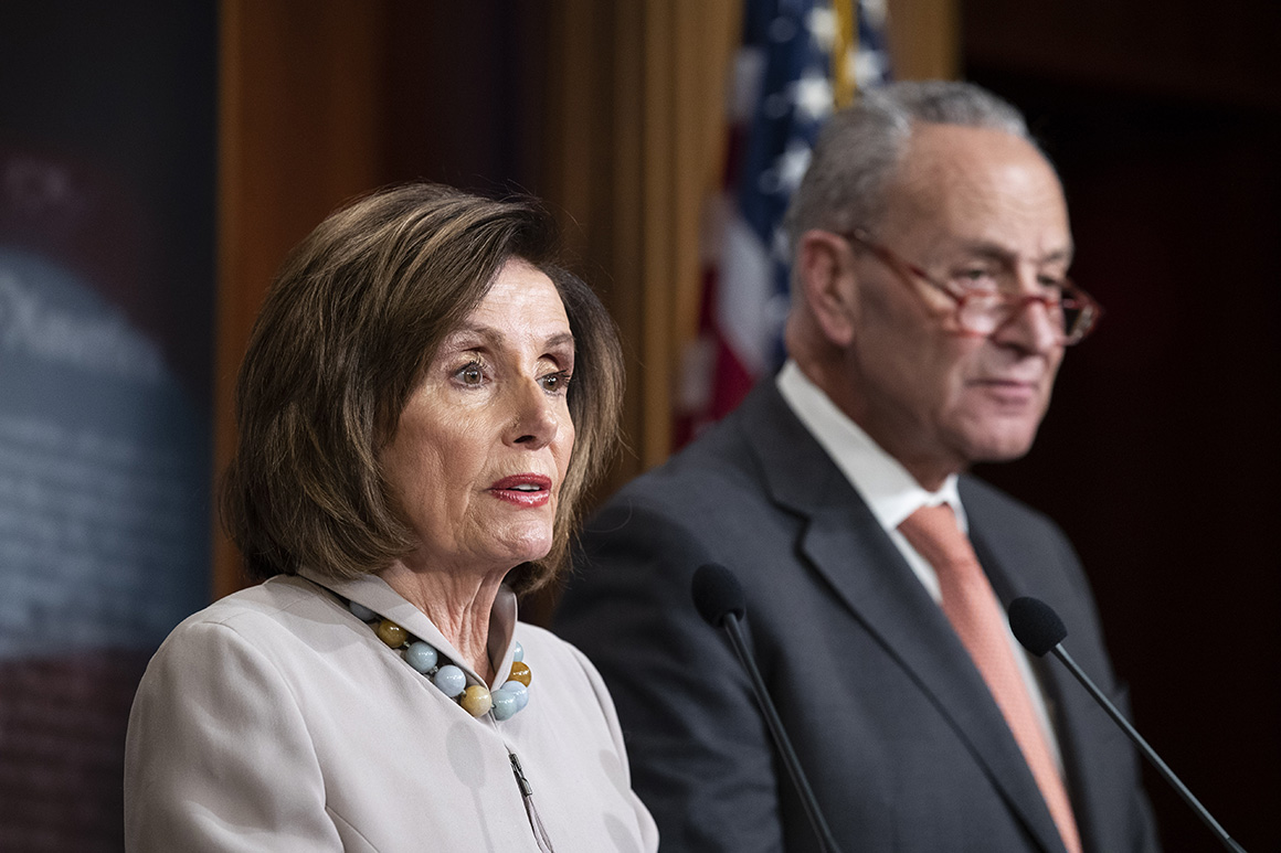 House Speaker Nancy Pelosi of Calif., joined by Senate Minority Leader Chuck Schumer of N.Y., speaks during a news conference, on Capitol Hill, Tuesday, Feb.11, 2020, in Washington. (AP Photo/Alex Brandon)