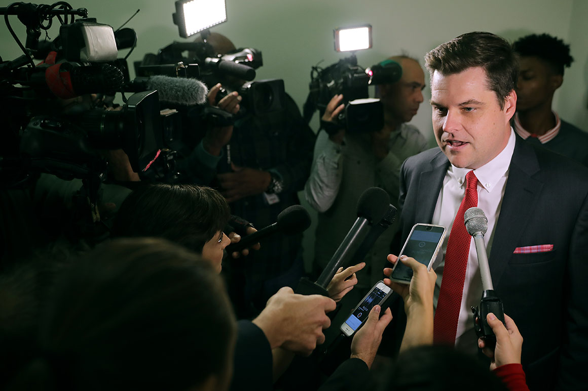 WASHINGTON, DC - OCTOBER 19: House Judiciary Committee member Rep. Matt Gaetz (R-FL) talks with reporters before heading into a closed-door hearing in the Rayburn House Office Building on Capitol Hill October 19, 2018 in Washington, DC. The House Judiciary and Oversight committee are questioning Fusion GPS contractor Nellie Ohr, wife of senior Justice Department official Bruce Ohr. She is being questioned as part of the investigation into the opposition research dossier about then-candidate Donald Trump’s alleged personal and business ties to Russia that Republicans say is at the center of alleged Department of Justice misconduct during the 2016 election. (Photo by)
