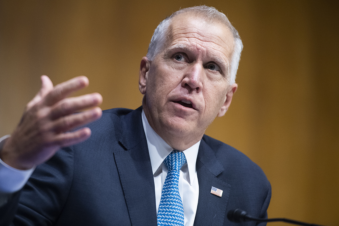 Sen. Thom Tillis, R-N.C., attends a Senate Judiciary Committee hearing on police use of force and community relations on on Capitol Hill, Tuesday, June 16, 2020 in Washington. (Tom Williams/CQ Roll Call/Pool via AP)
