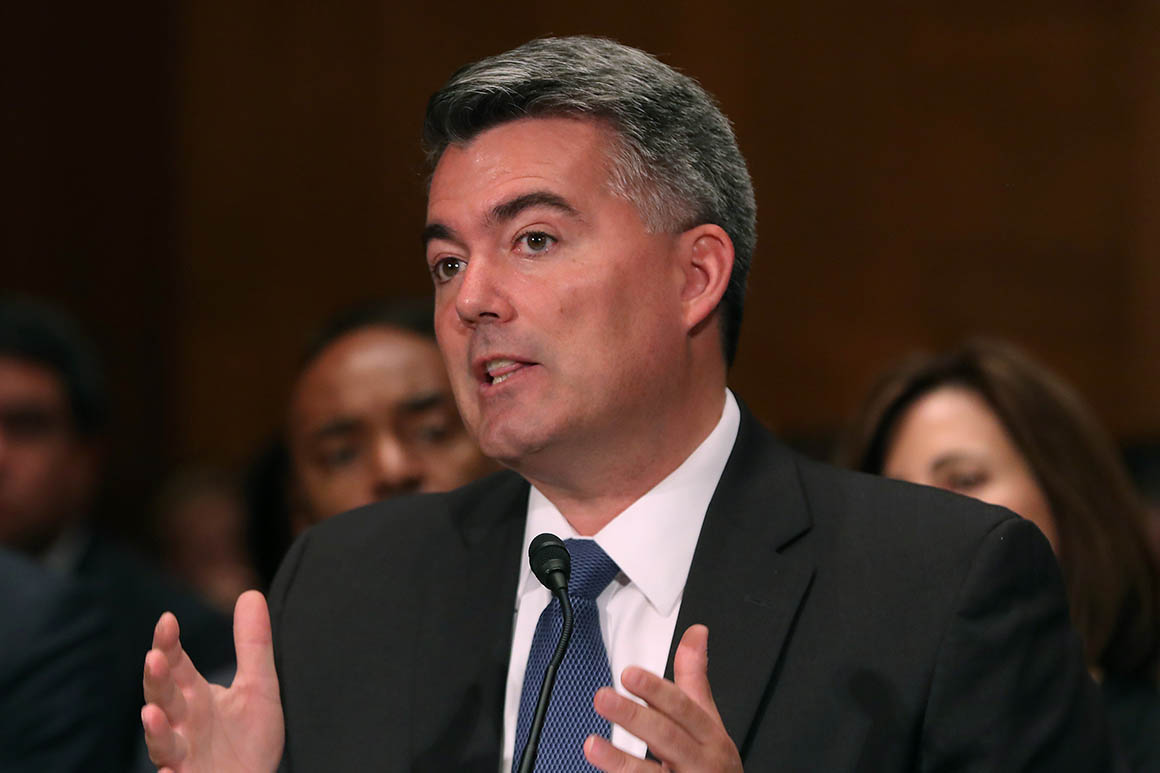 WASHINGTON, DC - JULY 23: Sen. Cory Gardner (R-CO) testifies on the challenges of legal cannabis and banking, during a Senate Banking, Housing and Urban Affairs Committee hearing on Capitol Hill July 23, 2019 in Washington, DC. (Photo by Mark Wilson/Getty Images)
